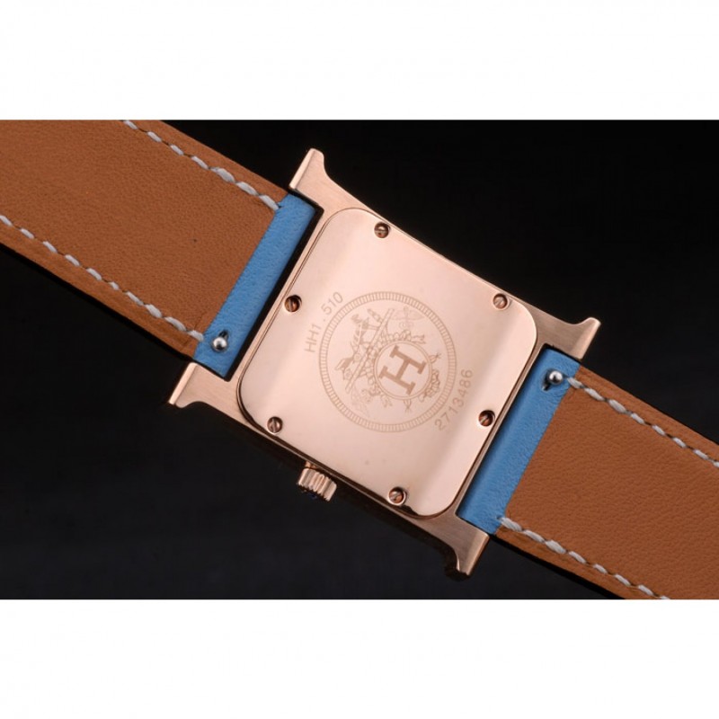 Hermes Heure H Rose Gold Diamond Encrusted Bezel Blue Leather Strap White Dial 80238-6