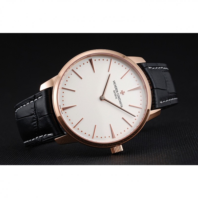 Swiss Vacheron Constantin Patrimony White Dial Rose Gold Case Black Leather Bracelet 1454165-4