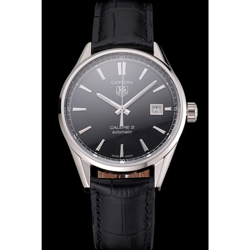 Swiss Tag Heuer Carrera Calibre 5 Black Dial Stainless Steel Case Black Leather Strap-1