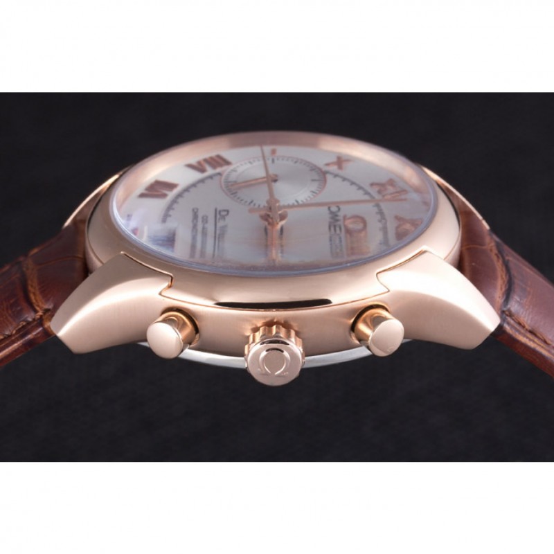 High Quality Replica Watches Omega DeVille Rose Gold Bezel with White Dial and Brown Leather Strap 621570-5