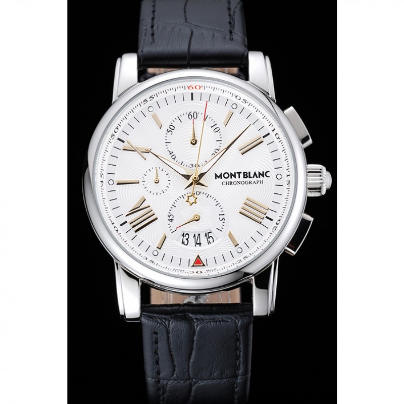 Best Montblanc Chronograph White Dial Black Leather Bracelet Silver Case 1454114-1