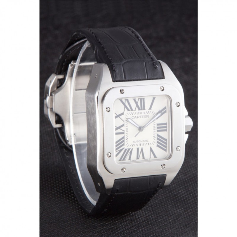 Swiss Cartier Santos Stainless Steel Bezel with Black Leather Strap 621524-2