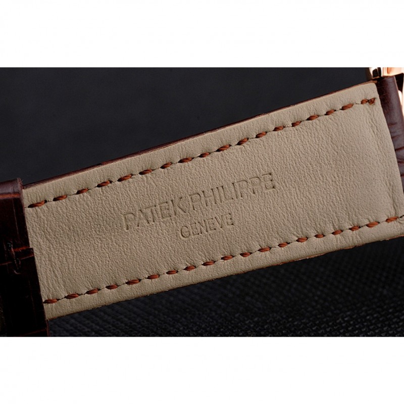 Cheap Replica Watches Swiss Patek Philippe Grand Complications Perpetual Calendar White Dial Rose Gold Case Diamond Bezel Brown Leather Strap-6