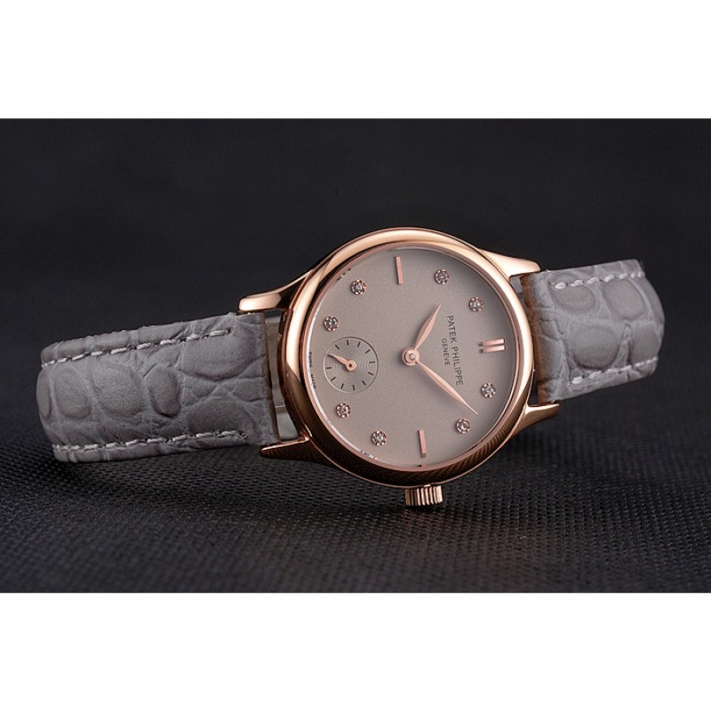 Patek Philippe Calatrava Gray Dial Diamond Markings Rose Gold Case Gray Leather Strap-3