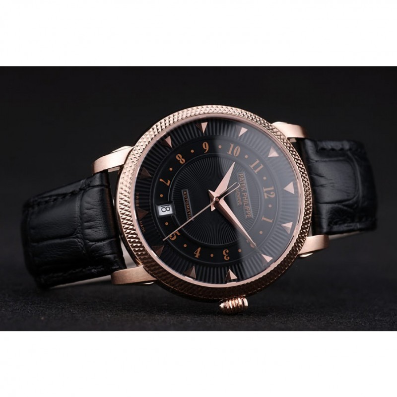 Patek Philippe Swiss Calatrava Ribbed Bezel Black Dial Black Leather Strap 7651-3