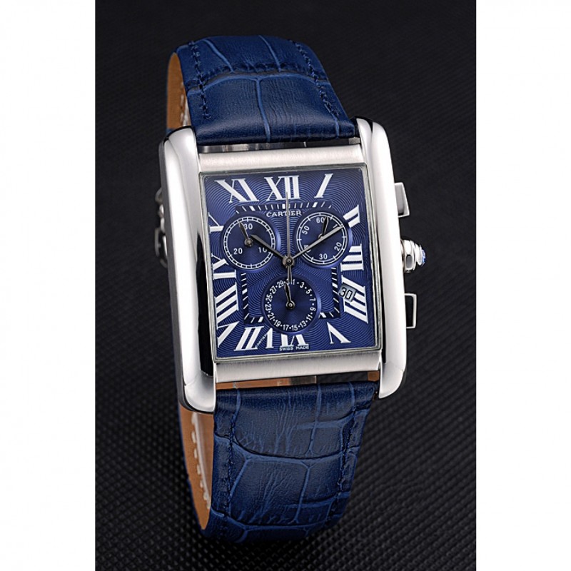 Cheap Replica Watches Cartier Tank MC Blue Dial Stainless Steel Case Blue Leather Bracelet 622691-2