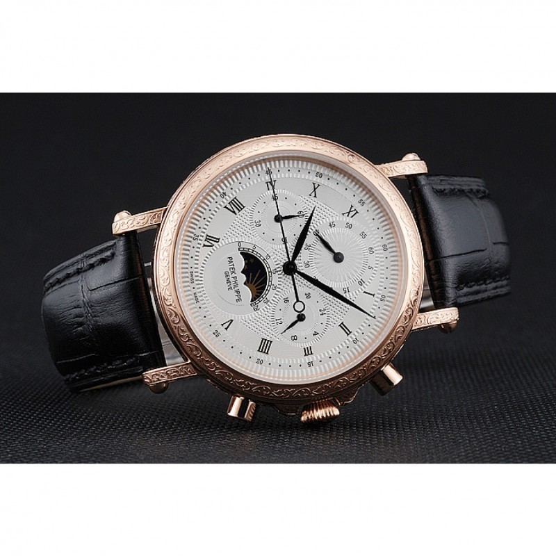 SS Replica Watches Patek Philippe Grand Complications White Dial Engraved Rose Gold Case Black Leather Bracelet 1454144-4