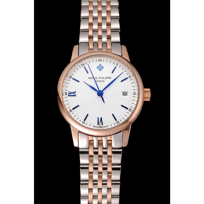 Patek Philippe Calatrava Ladies White Dial Blue Numerals Rose Gold Case Two Tone Bracelet 1453830-1