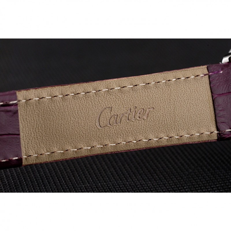 Cartier Ronde Louis Silver Diamond Case White Dial Purple Leather Bracelet 1454009-5