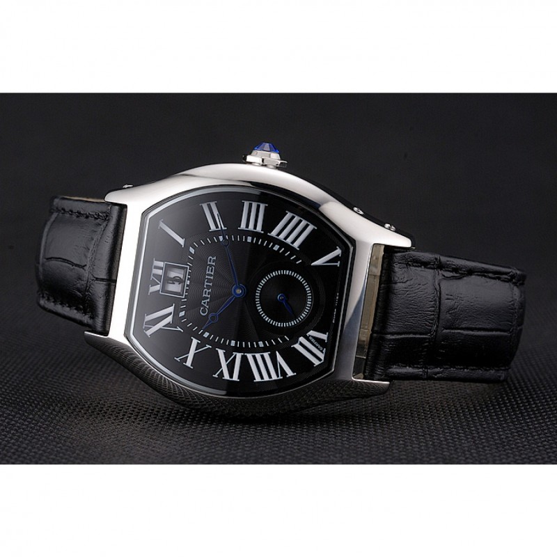 Cartier Tortue Large Date Black Dial Stainless Steel Case Black Leather Strap-3