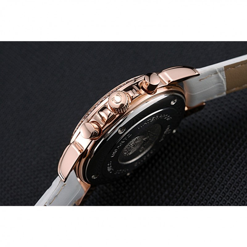 High Quality Replica Watches Omega Speedmaster Chronograph White Dial Gold Diamond Case White Leather Bracelet 622455-8