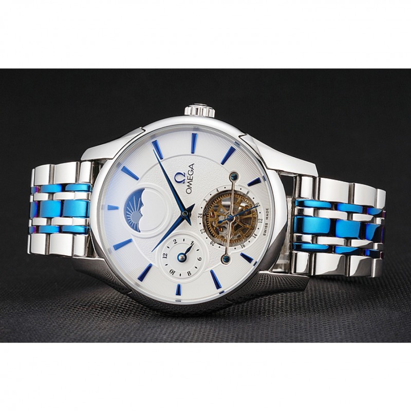 Omega De Ville Moonphase Tourbillon White Dial Stainless Steel Case Two Tone Steel Blue Bracelet-3