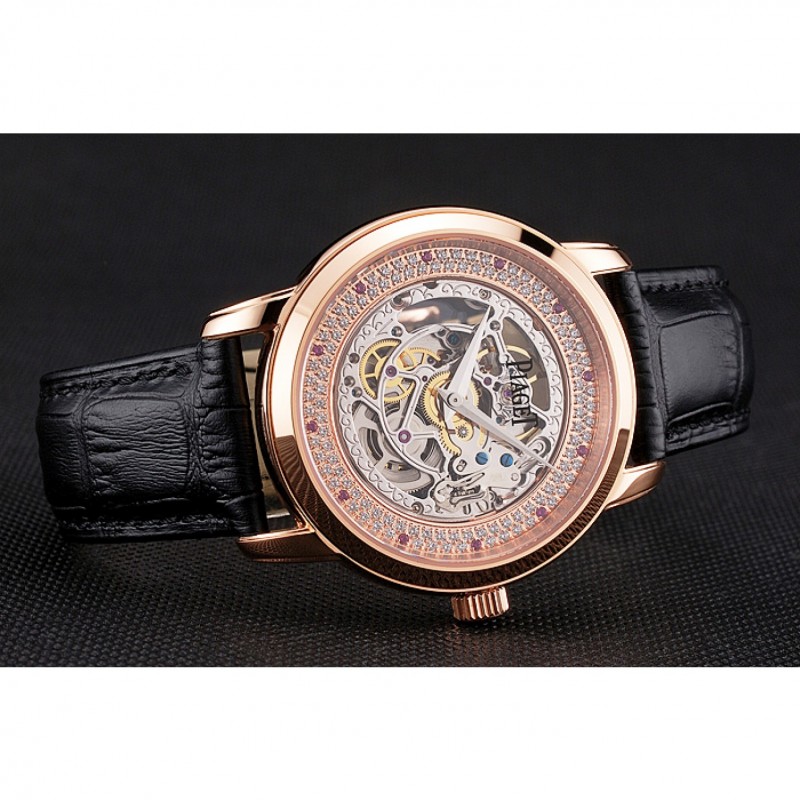 SS Swiss Piaget Altiplano Skeleton Dial With Diamonds Rose Gold Case Black Leather Strap-4