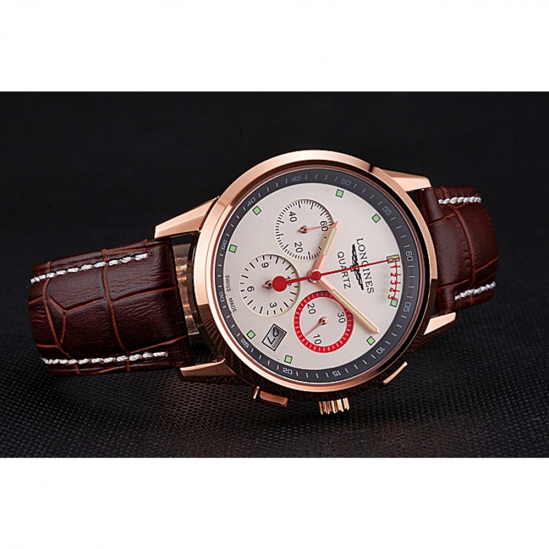 Luxury Replica Watches Longines Column Wheel White Dial Gold Case Brown Leather Strap-4