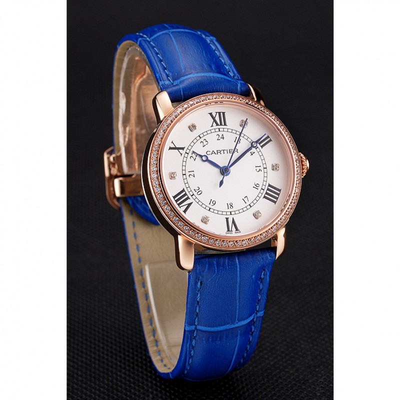 Cartier Ronde White Dial Diamond Bezel Rose Gold Case Blue Leather Strap-2
