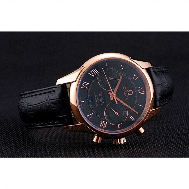Omega DeVille Rose Gold Bezel with Black Dial and Black Leather Strap 621569-3