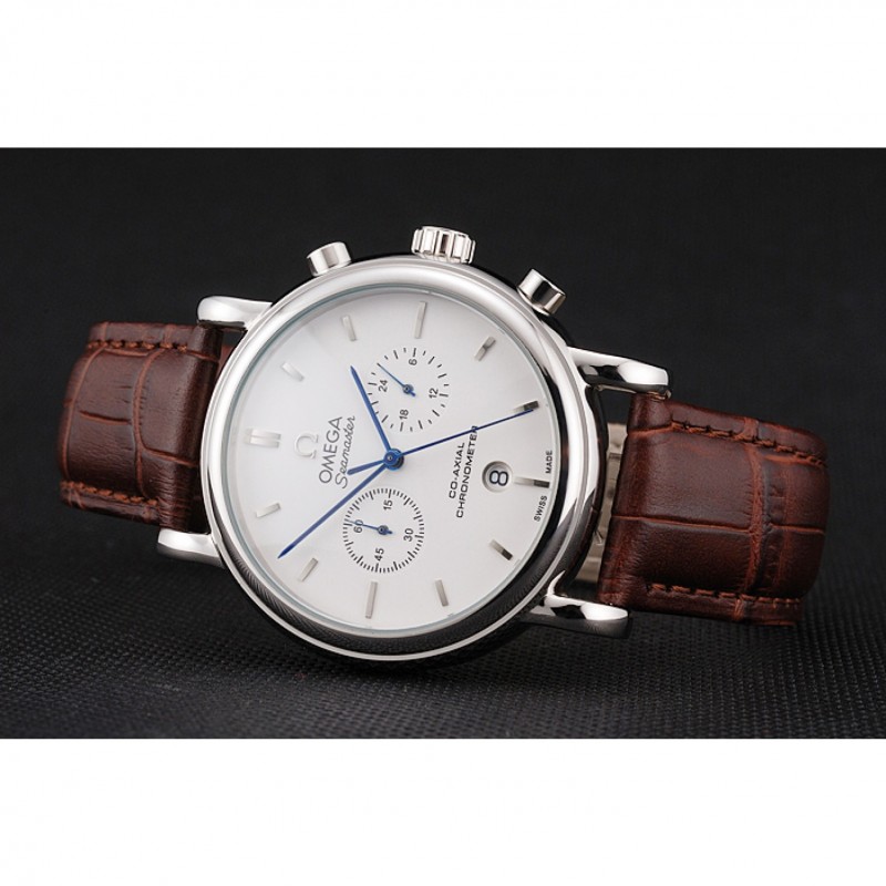 Omega Seamaster Vintage Chronograph White Dial Stainless Steel Case Brown Leather Strap-3