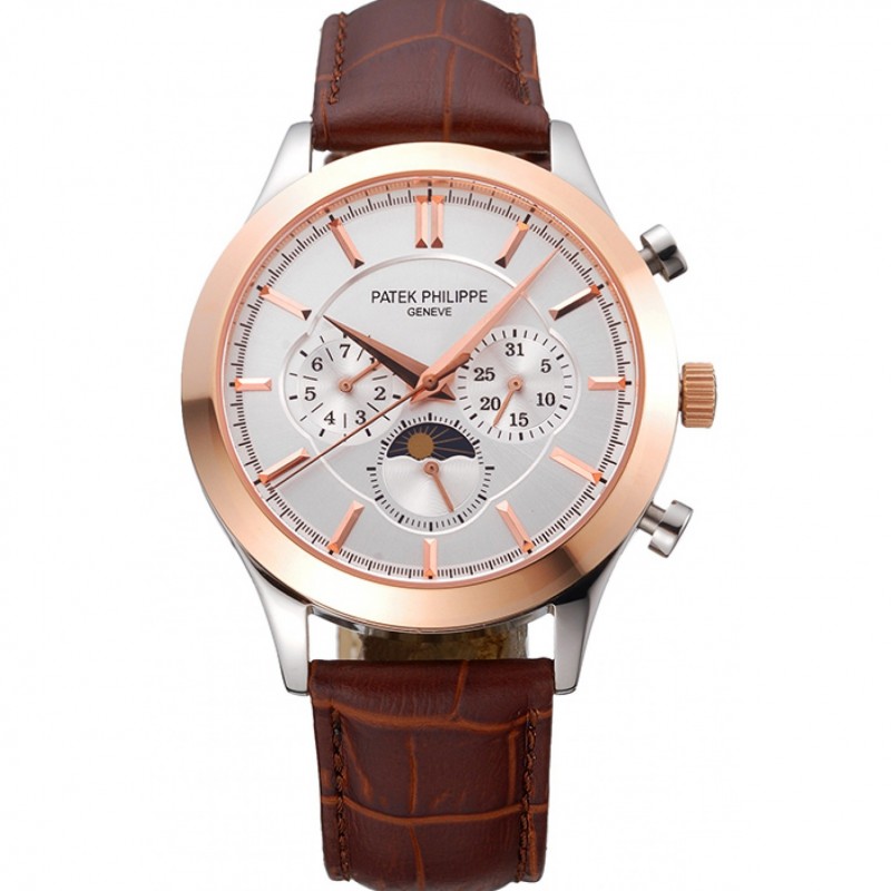 Luxury Patek Philippe Moonphase Chronograph White Dial Gold Case Brown Leather Strap 622843-0