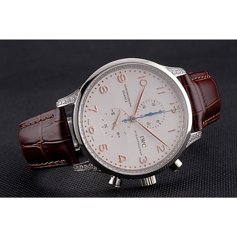 IWC Portugieser Chronograph White Dial Rose Gold Hands And Numerals Steel Case With Diamonds Brown Leather Strap-4