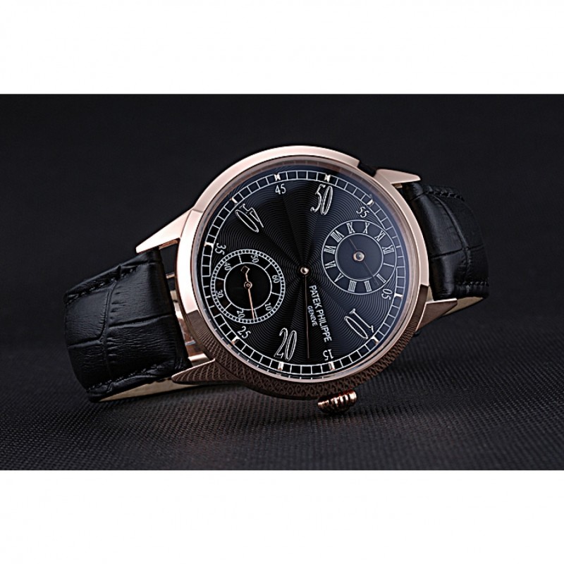 AAA Patek Philippe Geneve Two Dial Black Dial Rose Gold Bezel Black Leather Band 622146-3