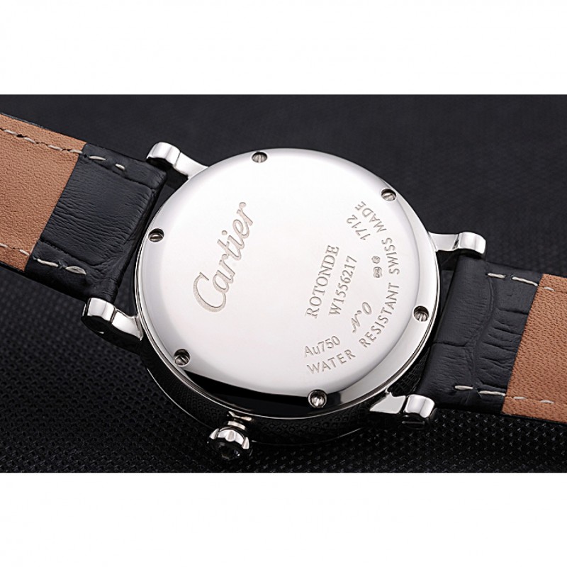 SS Cartier Ronde Second Time Zone White Dial Stainless Steel Case With Diamonds Black Leather Strap 622804-8