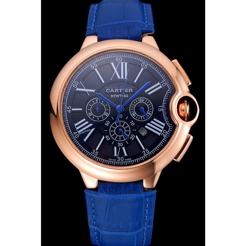 Cartier Ballon Bleu Blue Dial Gold Case Blue Leather Strap-1