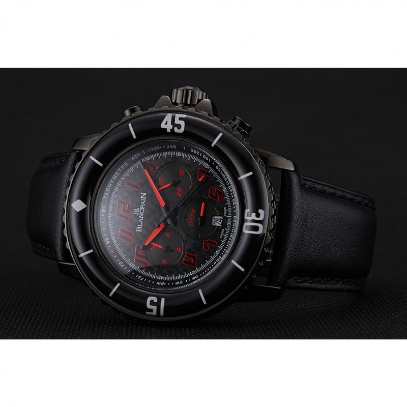 Blancpain Fifty Fathoms Speed Command Carbon Fiber Dial With Red Markings Black PVD Case Black Leather Strap 1453775-3