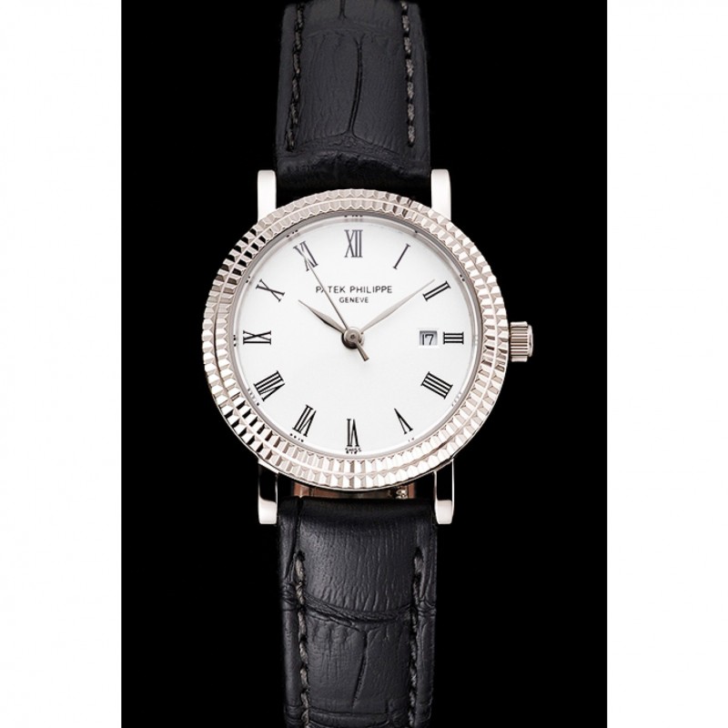 Patek Philippe Calatrava White Dial Roman Numerals Double Ribbed Bezel Stainless Steel Case Black Leather Strap-1