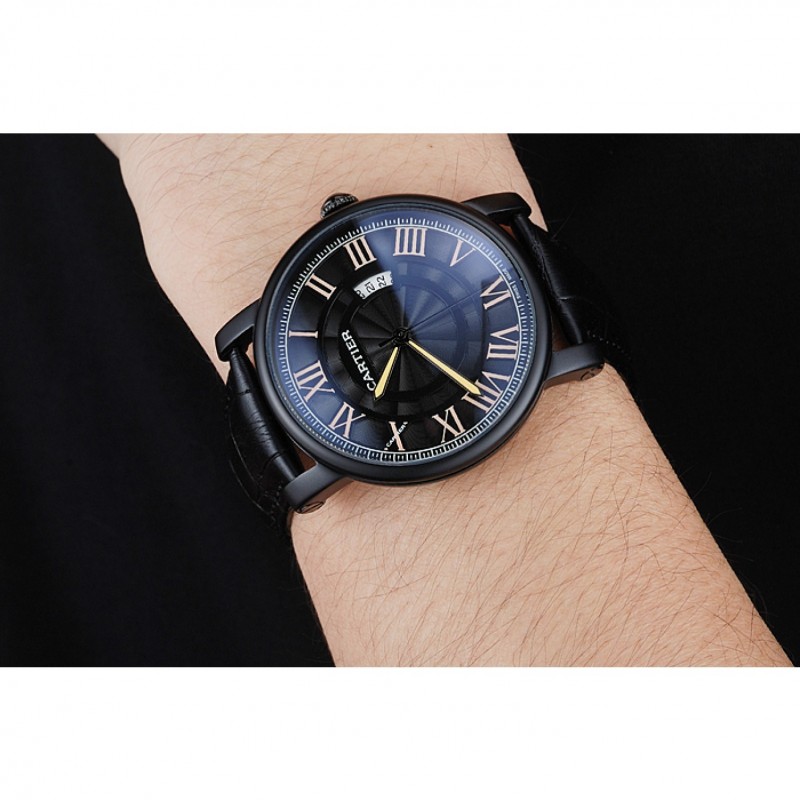 SS Cartier Rotonde Black Dial Black Case Black Leather Bracelet 1454218-8