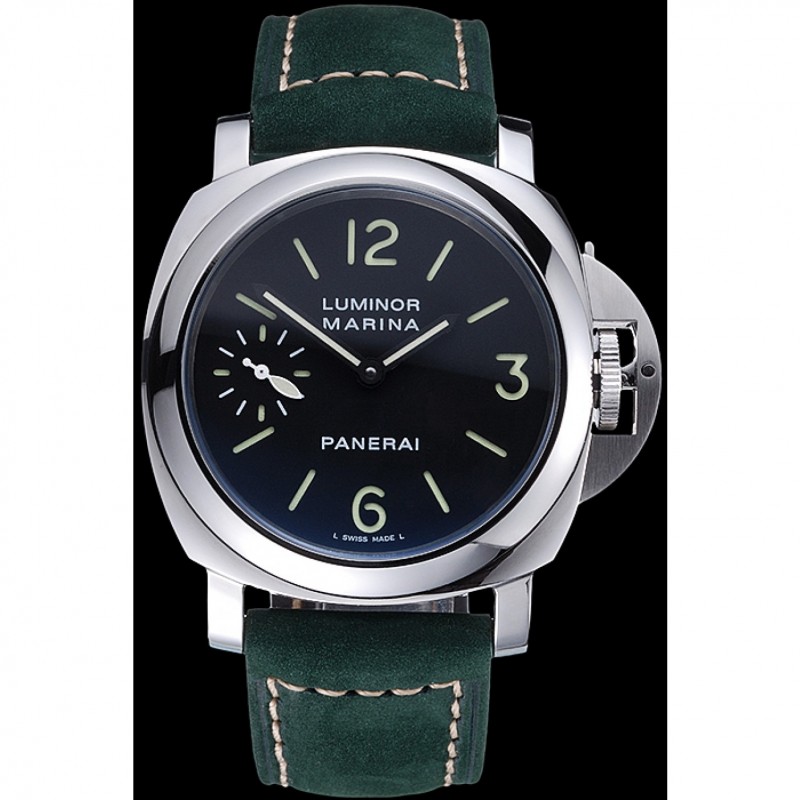 SS Replica Watches Panerai Luminor Marina Polished Stainless Steel Bezel Green Leather Bracelet 622310-1