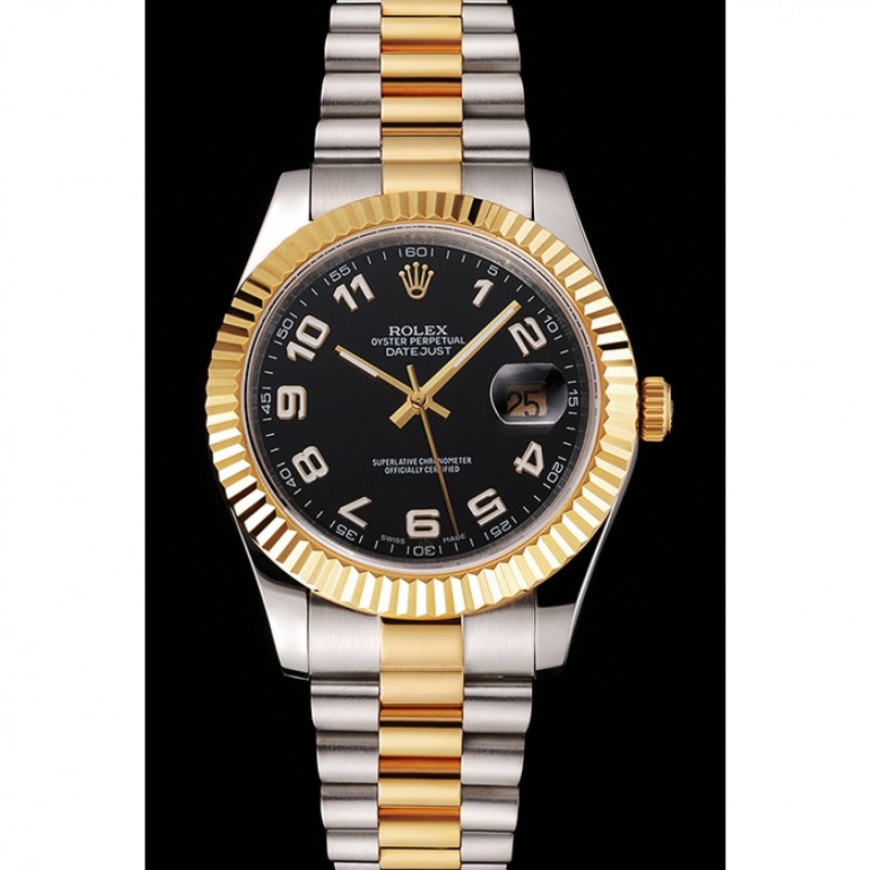 Swiss Rolex Datejust Black Dial Gold Bezel Stainless Steel Case Two Tone Bracelet-1