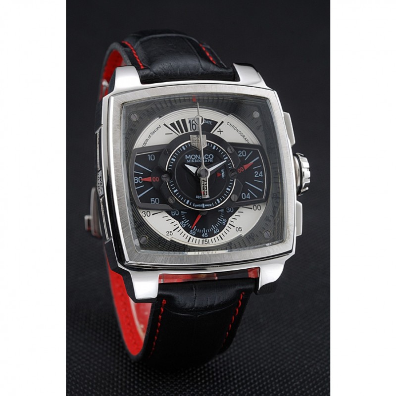 Luxury Replica Watches Tag Heuer Monaco Black-Green Perforated Leather Strap Black Dial 80308-2