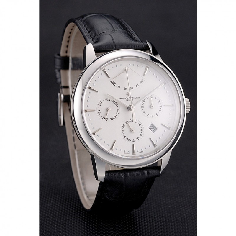 Swiss Vacheron Constantin Traditionnelle Power Reserve White Dial Stainless Steel Case Black Leather Strap-2