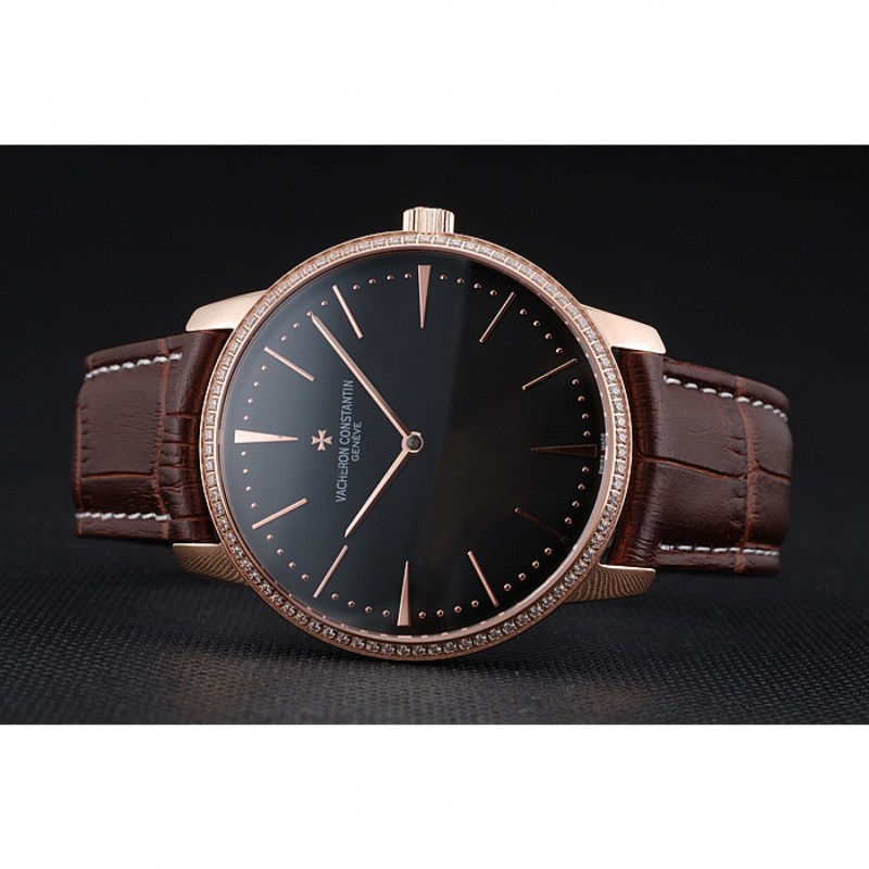 Swiss Vacheron Constantin Patrimony Grand Taille Black Dial Rose Gold Diamonds Case Brown Leather Bracelet 1454174-4