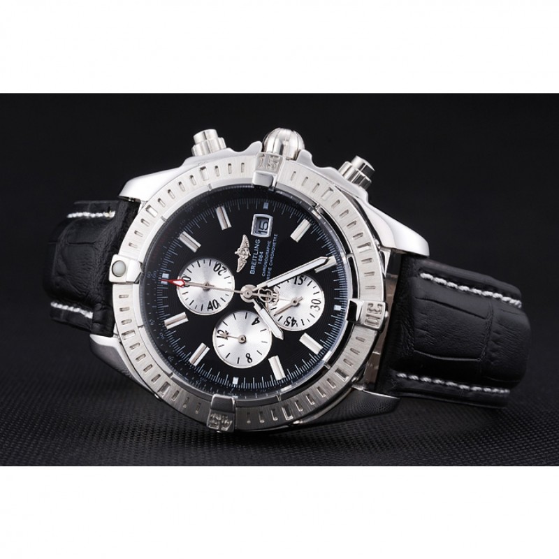 Breitling Chronomat 13 Stainless Steel Case Black Dial Black Leather Bracelet 622237-3