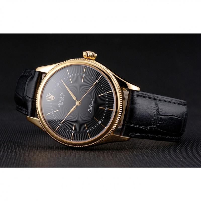 Best Replica Watches Swiss Rolex Cellini Black Dial Gold Markings Gold Case Black Leather Strap-4