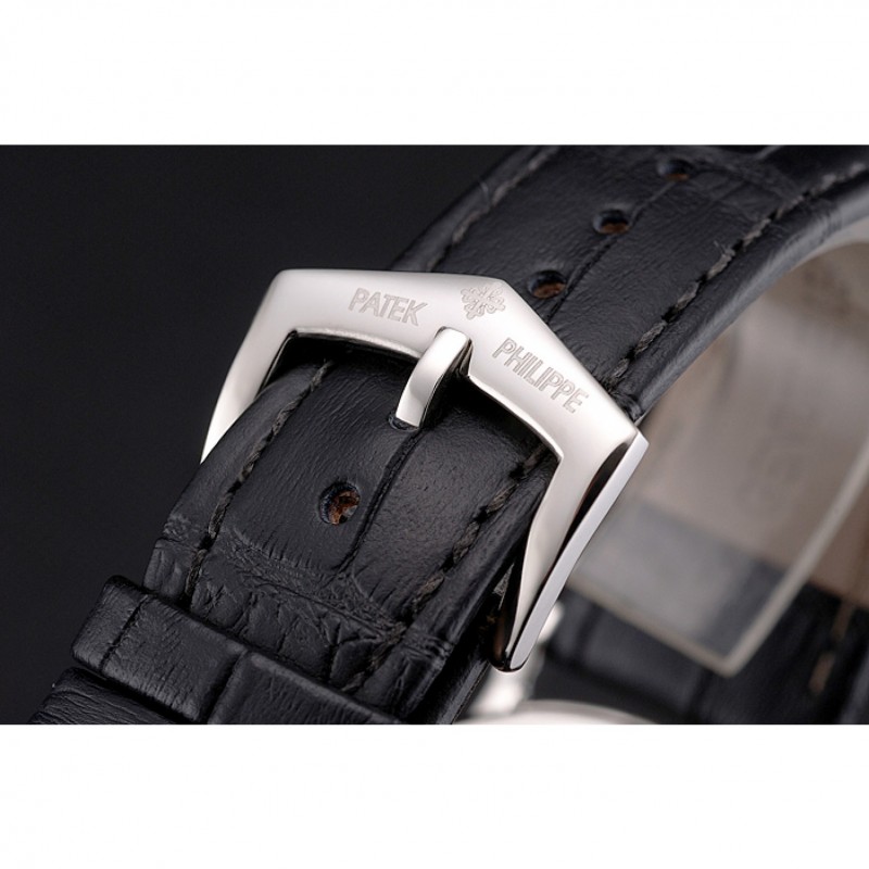 Patek Philippe Calatrava Black Dial Roman Numerals Ribbed Bezel Stainless Steel Case Black Leather Strap-5