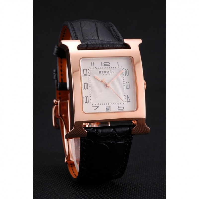 Hermes Heure H White Dial Gold Case Black Leather Strap-2