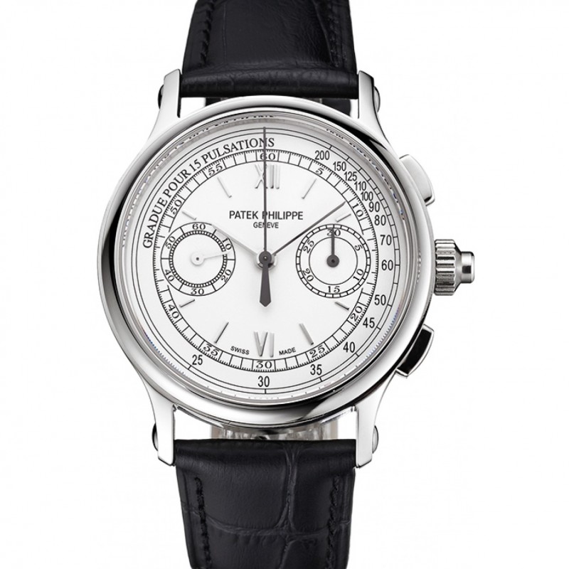 High Quality Replica Watches Swiss Patek Philippe 5170J Chronograph White Dial Stainless Steel Case Black Leather Strap-0