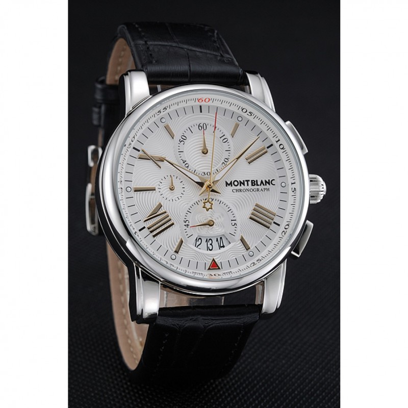 Best Montblanc Chronograph White Dial Black Leather Bracelet Silver Case 1454114-2