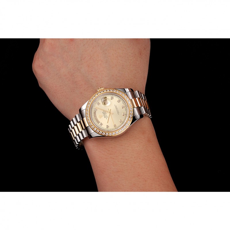 Swiss Rolex Day-Date Champagne Dial Gold Diamond Case Two Tone Stainless Steel Bracelet 1453974-8