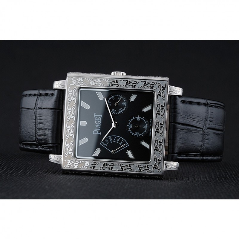 Piaget Emperador Limited Edition Black Dial Engraved Silver Case Black Leather Bracelet 1454136-3