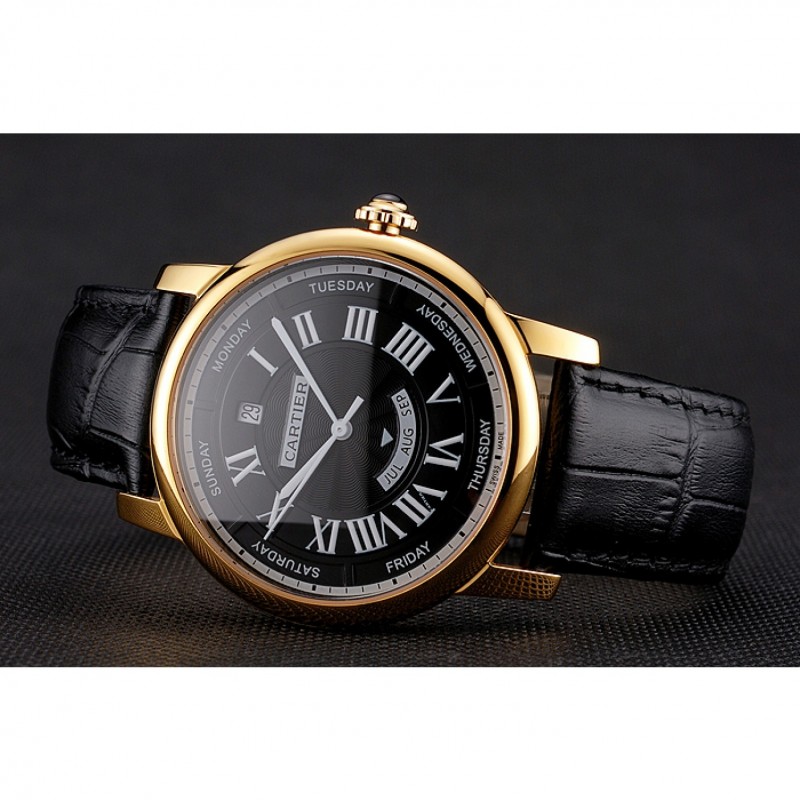 Swiss Cartier Rotonde Annual Calendar Black Dial Gold Case Black Leather Strap-4