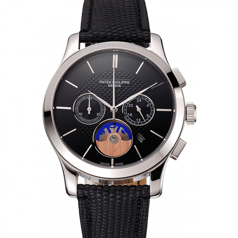 Patek Philippe Chronograph Black Dial Stainless Steel Case Black Leather Strap-0