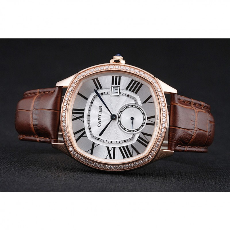 Best Cartier Drive De Cartier White Dial Silver Diamond Case Brown Leather Bracelet 1454216-4