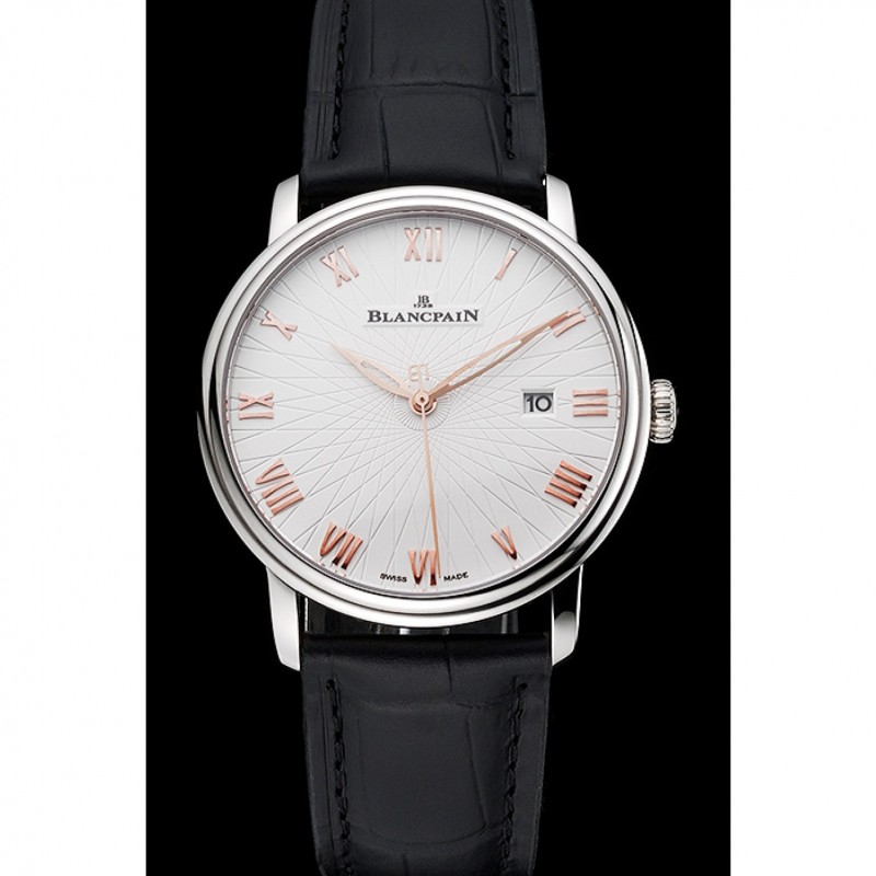 Blancpain Villeret Ultra Slim White Groved Dial Gold Numerals Stainless Steel Case Black Leather Strap-1