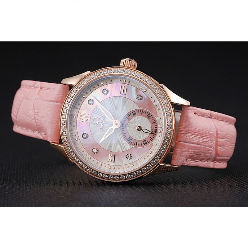 Cheap Omega DeVille Prestige Pink Dial Gold Diamond Case Pink Leather Bracelet 1454126-3