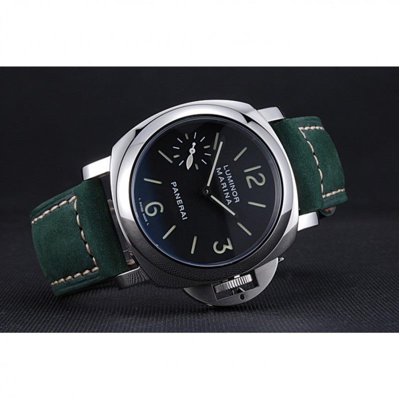 SS Replica Watches Panerai Luminor Marina Polished Stainless Steel Bezel Green Leather Bracelet 622310-3