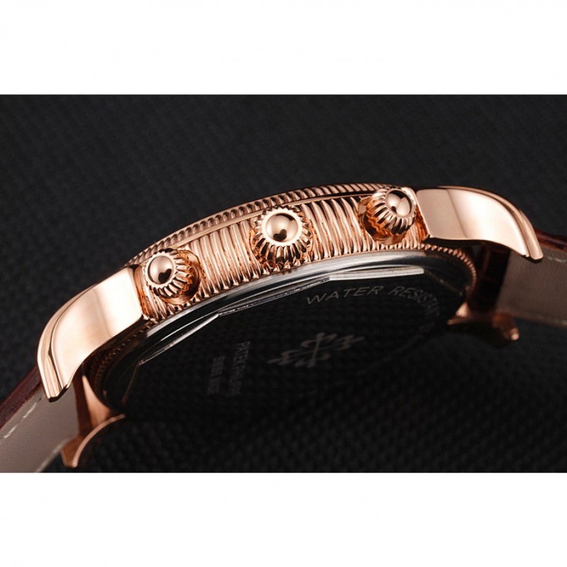 Best Patek Philippe Chronograph White Dial With Blue And Diamond Markings Rose Gold Case Brown Leather Strap-8
