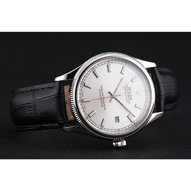 Swiss Rolex Datejust White Dial Stainless Steel Case Black Leather Strap-3